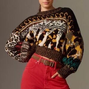 NWT Anthropologie Pilcro Relaxed Crew-Neck Sweater Multicolor Cropped Boxy